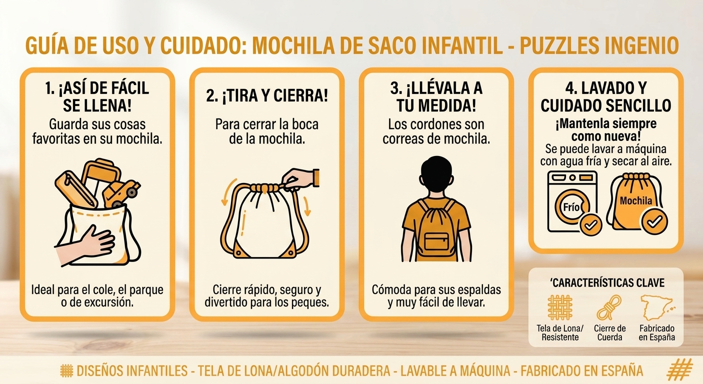 Guía de uso y cuidado mochila saco infantil Puzzles Ingenio